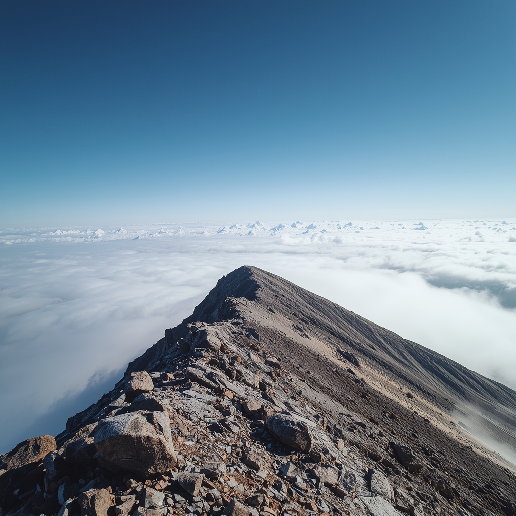 A sweeping panoramic view of a high mountain summit above the clouds, rugged rocky foreground and clear blue sky top, highly detailed landscape, no humans, no woman